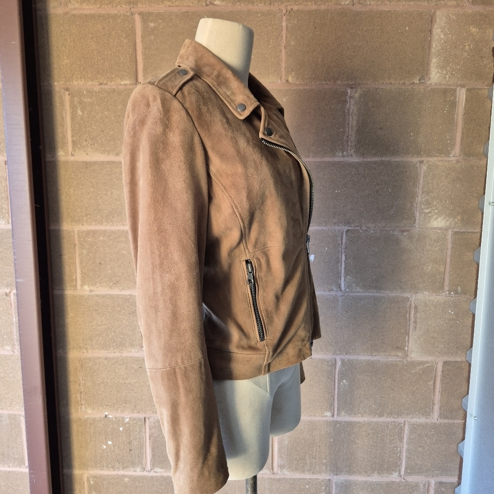 SET Urban Deluxe Suede Moto Jacket Camel Tan Leather Biker Coat US 8 - Picture 10 of 12